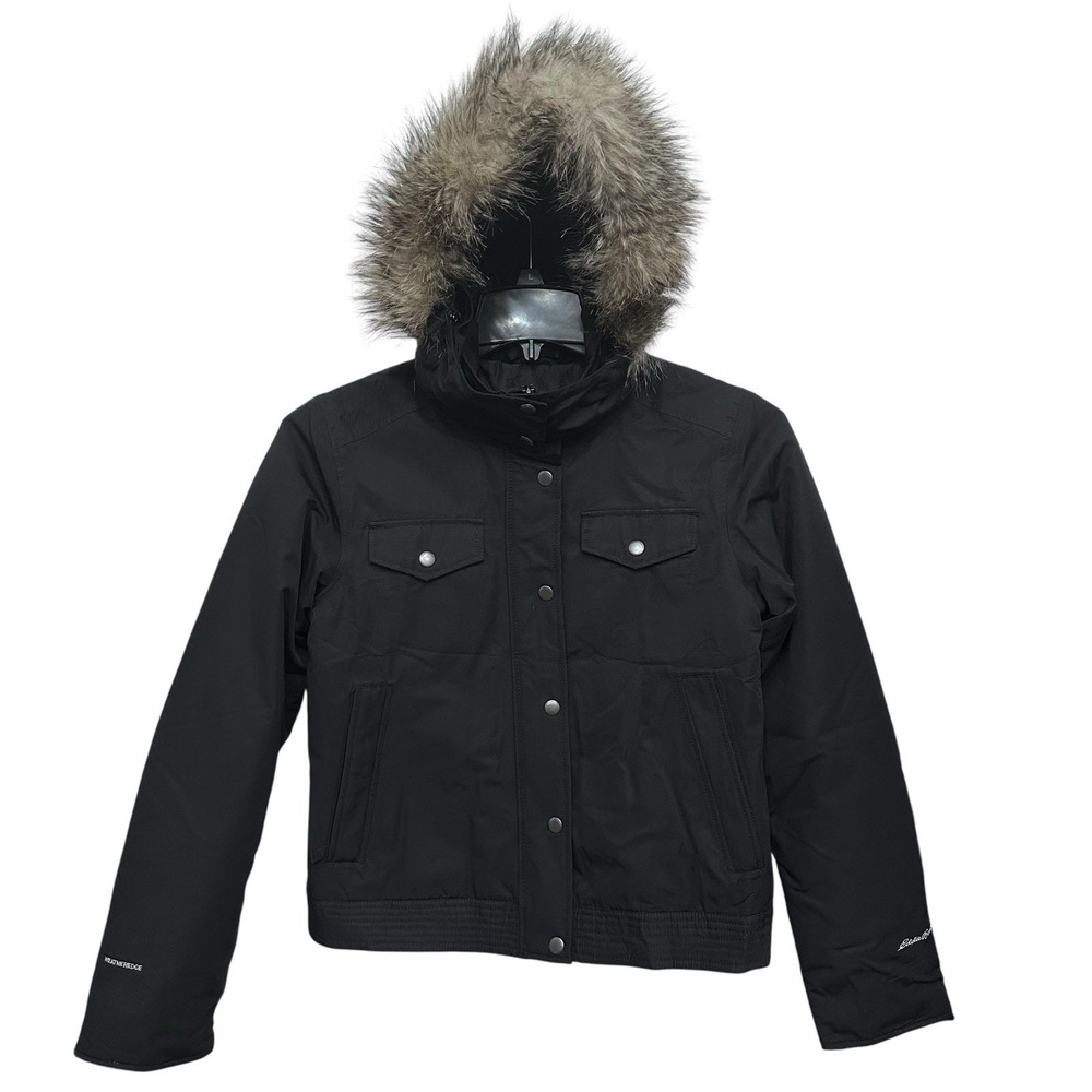 Eddie Bauer Weatheredge Bomber Jacket Removable Hood Faux Fur Trim Womens Size S